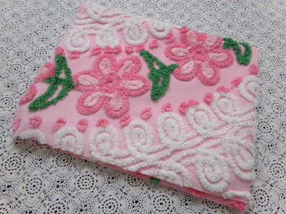 SweetPea Pink Floral Arc Vintage Chenille Bedspread Fabric, 20" x 25" piece