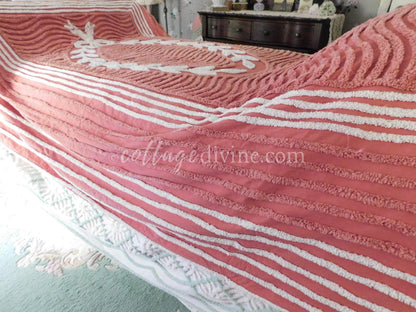 elegant twin size chenille bedspread, white laurel leaf design on terracotta, vintage cotton bedding