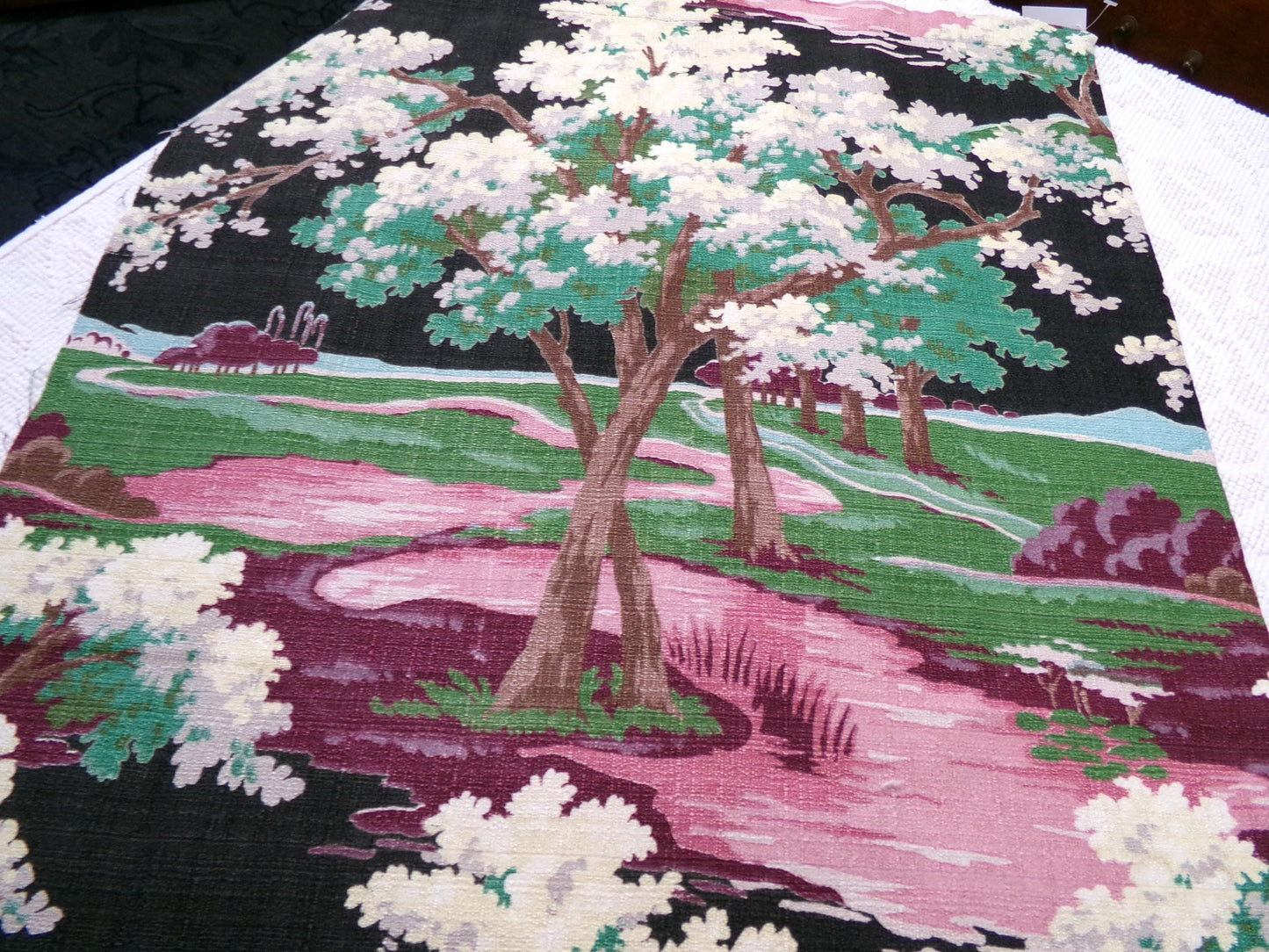 Moody Surreal Vintage Barkcloth Fabric Spooky Black Pink Mystic Winding Path, 20" x 35"