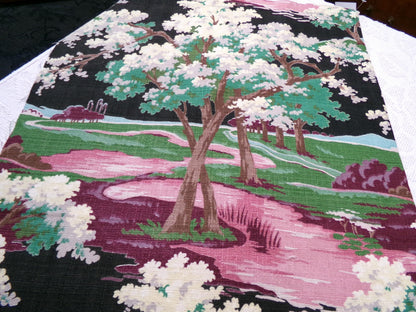 Moody Surreal Vintage Barkcloth Fabric Spooky Black Pink Mystic Winding Path, 20" x 35"