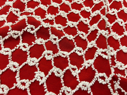 Red & White Vintage Chenille Bedspread Fabric, 17.5x23" Chain Link Design