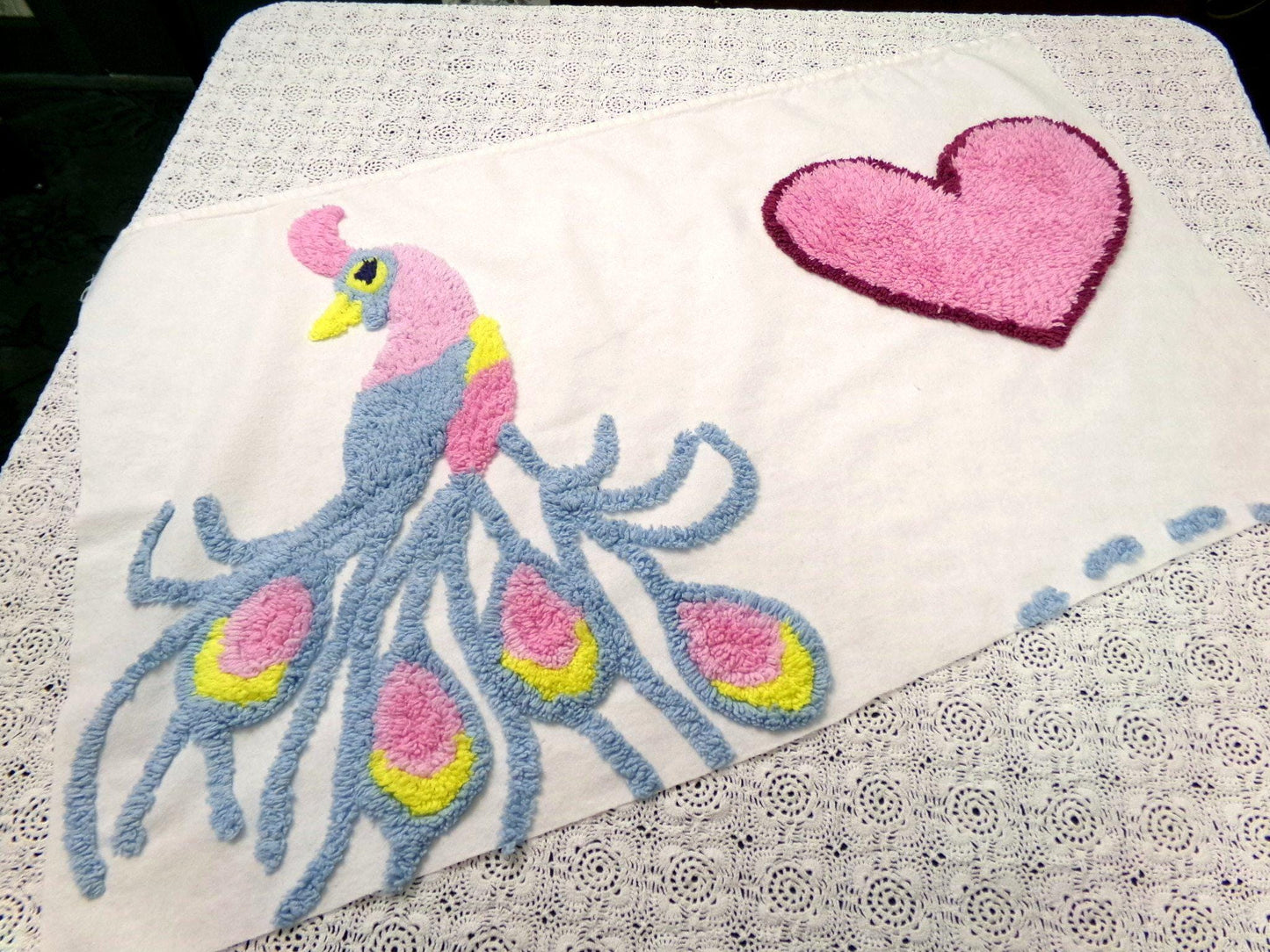 Lonely Heart Peacock Vintage Style Chenille Bedspread Fabric 18x28" Craft Panel