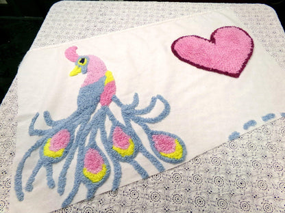 Lonely Heart Peacock Vintage Style Chenille Bedspread Fabric 18x28" Craft Panel