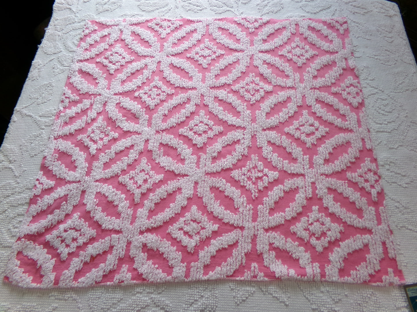 Vintage Chenille Fabric Rose Pink, tufted white geometric design, sewing craft quilt material, 20" x 24" piece