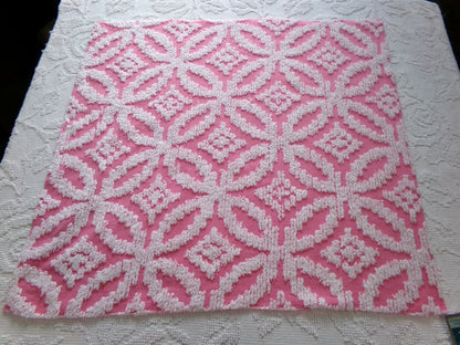 Vintage Chenille Fabric Rose Pink, tufted white geometric design, sewing craft quilt material, 20" x 24" piece