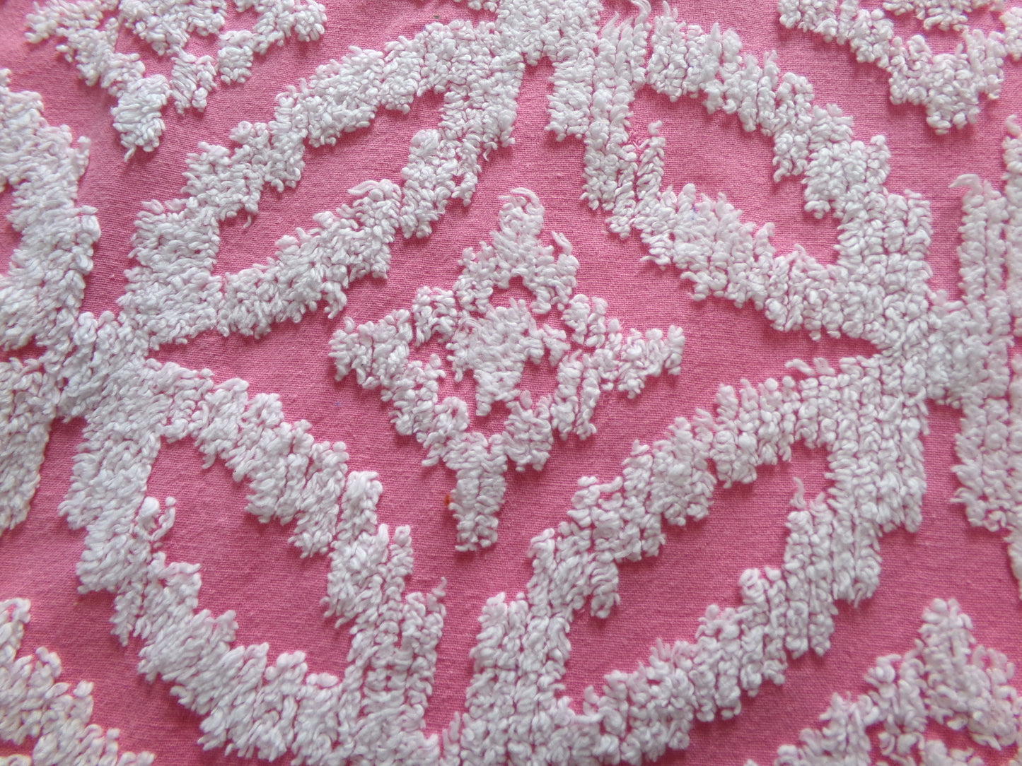 Vintage Chenille Fabric Rose Pink, tufted white geometric design, sewing craft quilt material, 20" x 24" piece