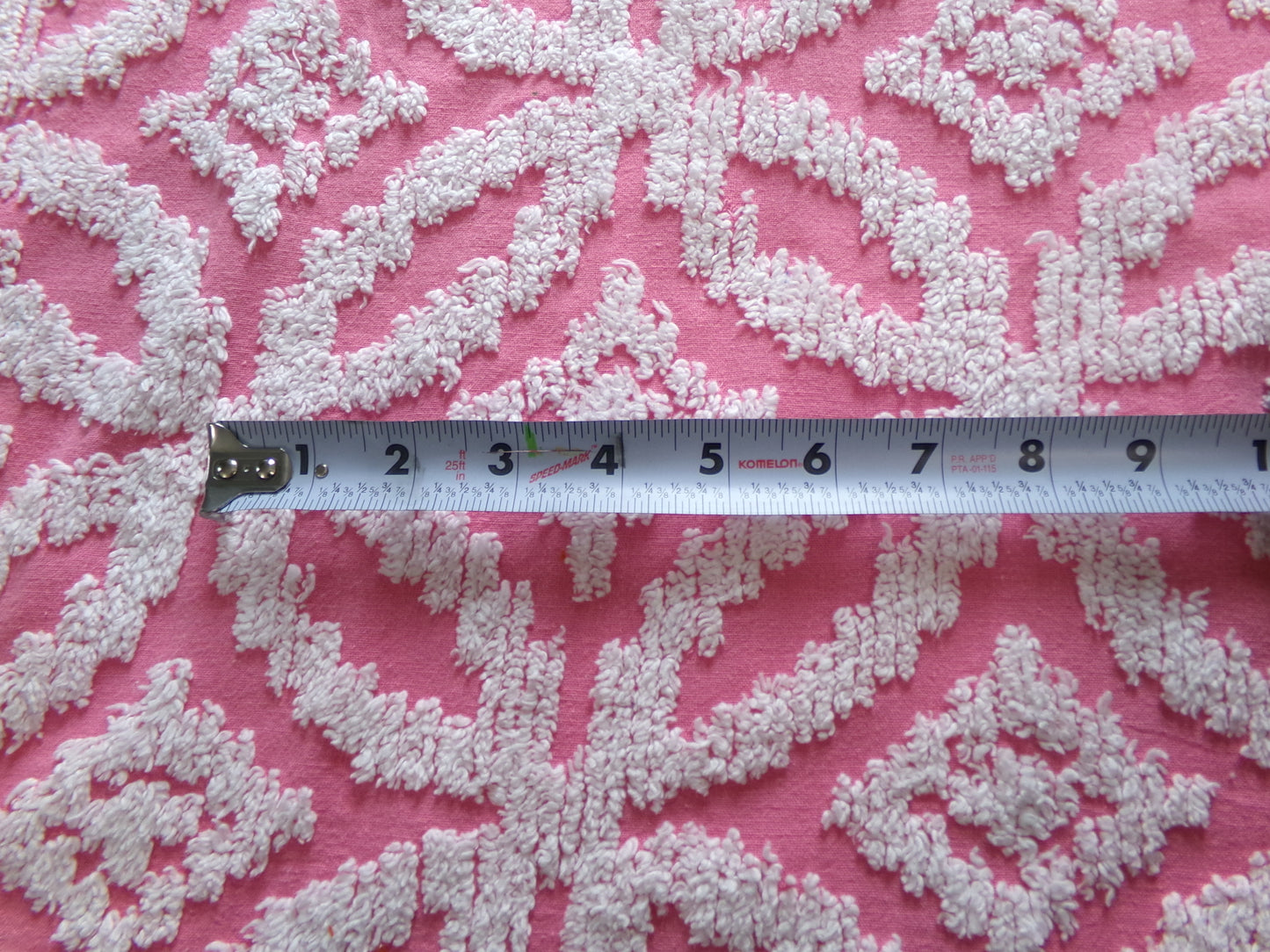 Vintage Chenille Fabric Rose Pink, tufted white geometric design, sewing craft quilt material, 20" x 24" piece