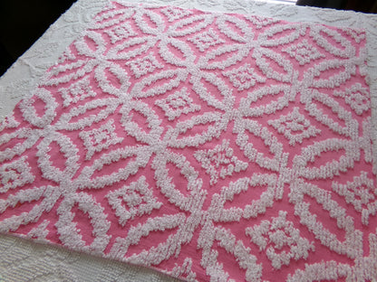 Vintage Chenille Fabric Rose Pink, tufted white geometric design, sewing craft quilt material, 20" x 24" piece