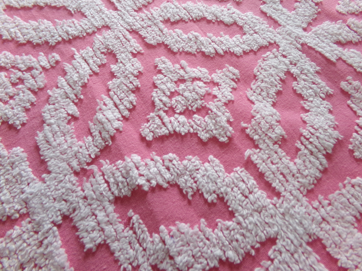 Vintage Chenille Fabric Rose Pink, tufted white geometric design, sewing craft quilt material, 20" x 24" piece
