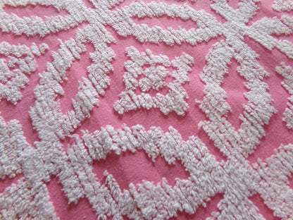 Vintage Chenille Fabric Rose Pink, tufted white geometric design, sewing craft quilt material, 20" x 24" piece
