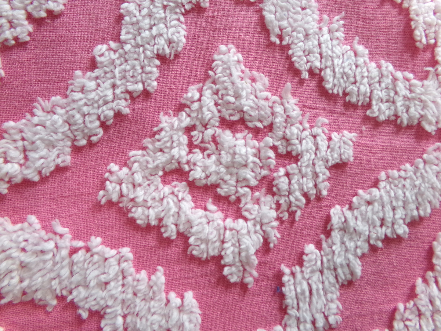 Vintage Chenille Fabric Rose Pink, tufted white geometric design, sewing craft quilt material, 20" x 24" piece