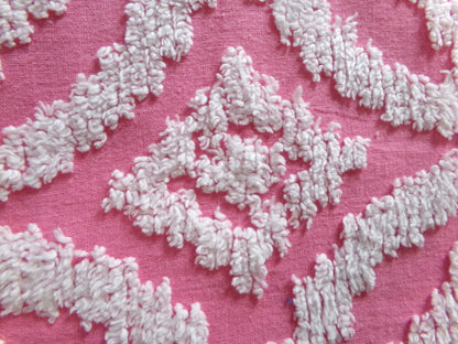 Vintage Chenille Fabric Rose Pink, tufted white geometric design, sewing craft quilt material, 20" x 24" piece