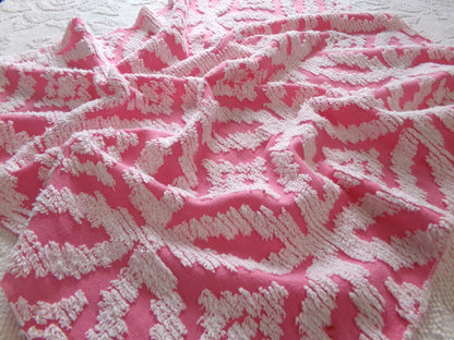 Vintage Chenille Fabric Rose Pink, tufted white geometric design, sewing craft quilt material, 20" x 24" piece