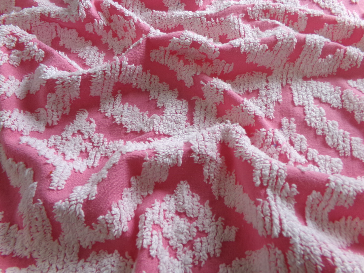 Vintage Chenille Fabric Rose Pink, tufted white geometric design, sewing craft quilt material, 20" x 24" piece