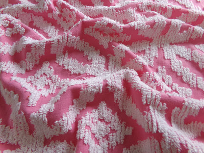Vintage Chenille Fabric Rose Pink, tufted white geometric design, sewing craft quilt material, 20" x 24" piece