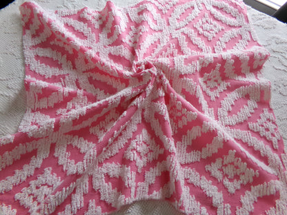 Vintage Chenille Fabric Rose Pink, tufted white geometric design, sewing craft quilt material, 20" x 24" piece