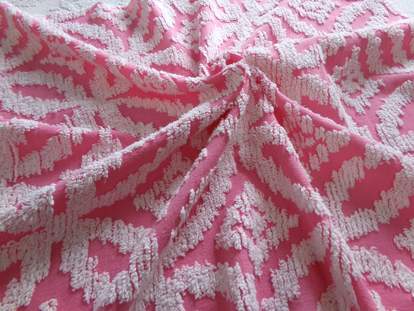 Vintage Chenille Fabric Rose Pink, tufted white geometric design, sewing craft quilt material, 20" x 24" piece