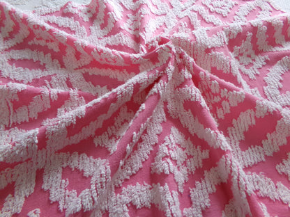 Vintage Chenille Fabric Rose Pink, tufted white geometric design, sewing craft quilt material, 20" x 24" piece