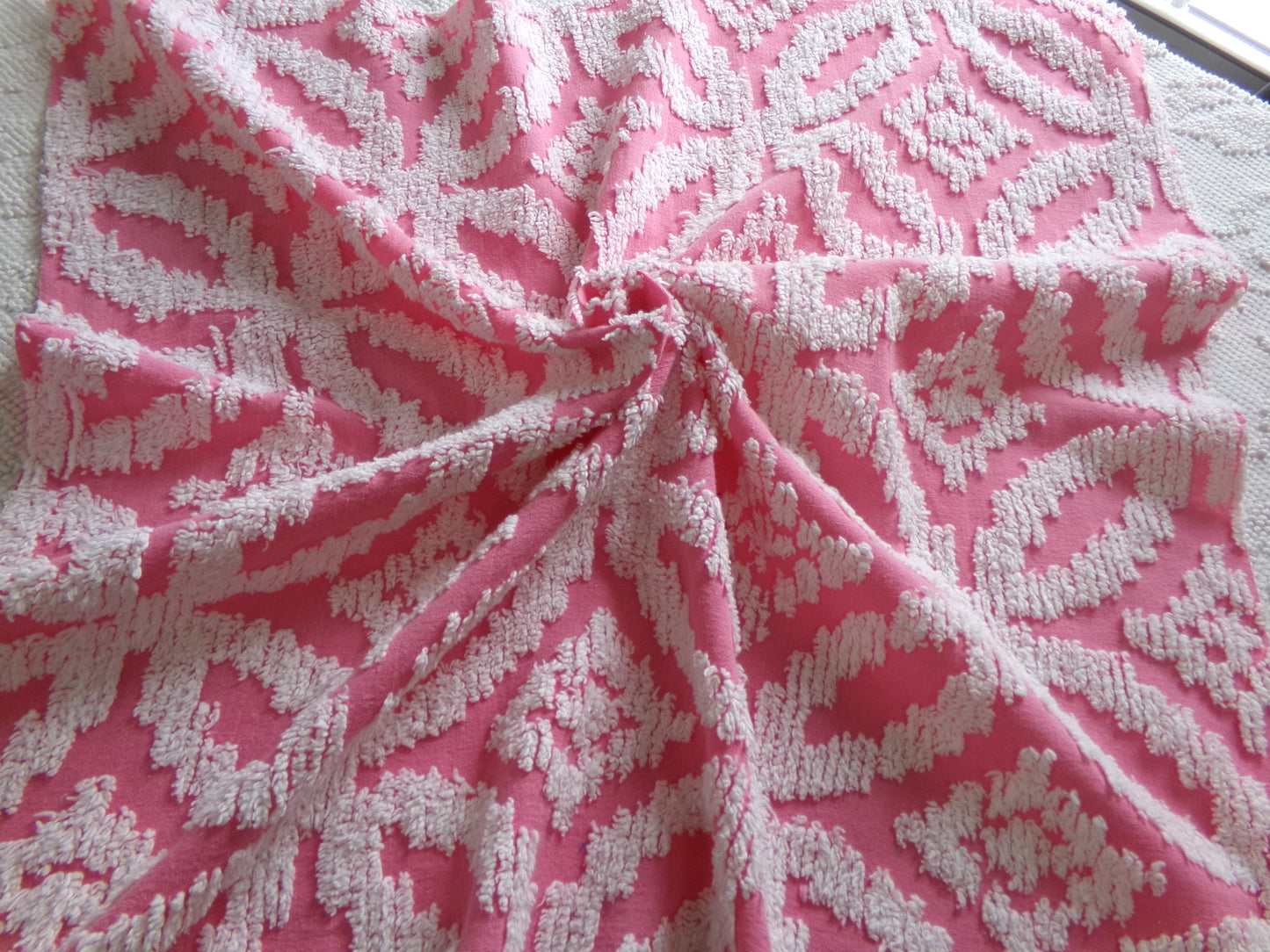 Vintage Chenille Fabric Rose Pink, tufted white geometric design, sewing craft quilt material, 20" x 24" piece