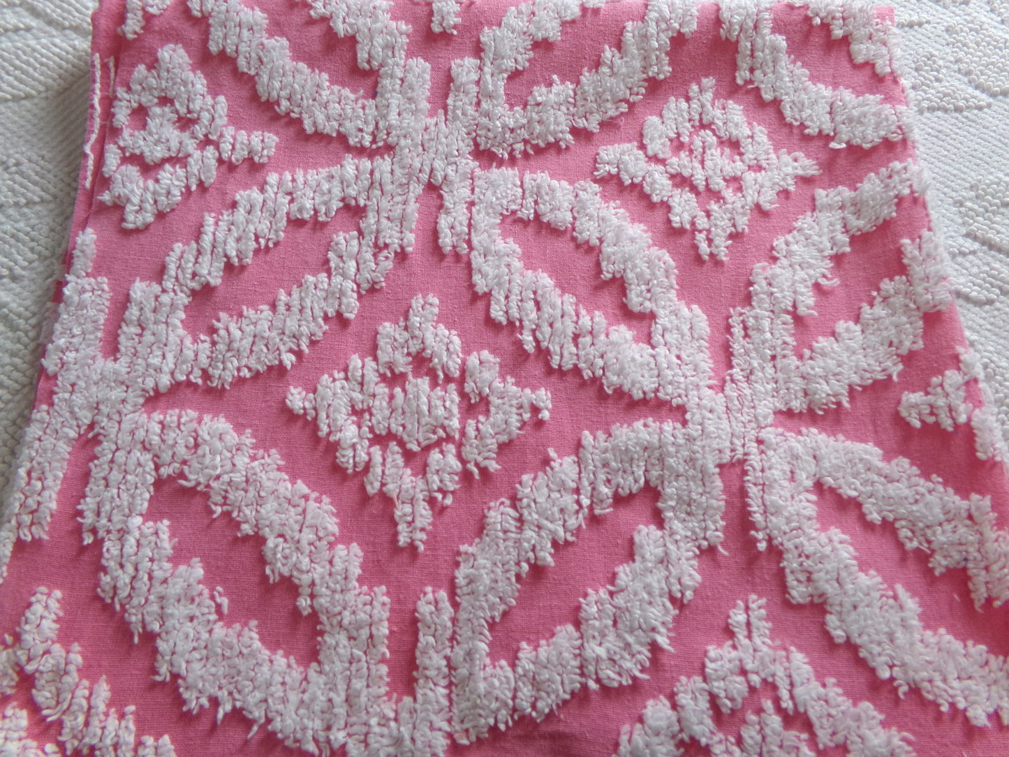 Vintage Chenille Fabric Rose Pink, tufted white geometric design, sewing craft quilt material, 20" x 24" piece