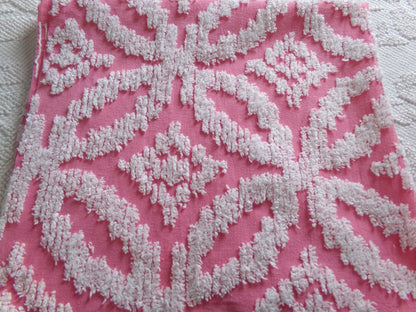 Vintage Chenille Fabric Rose Pink, tufted white geometric design, sewing craft quilt material, 20" x 24" piece
