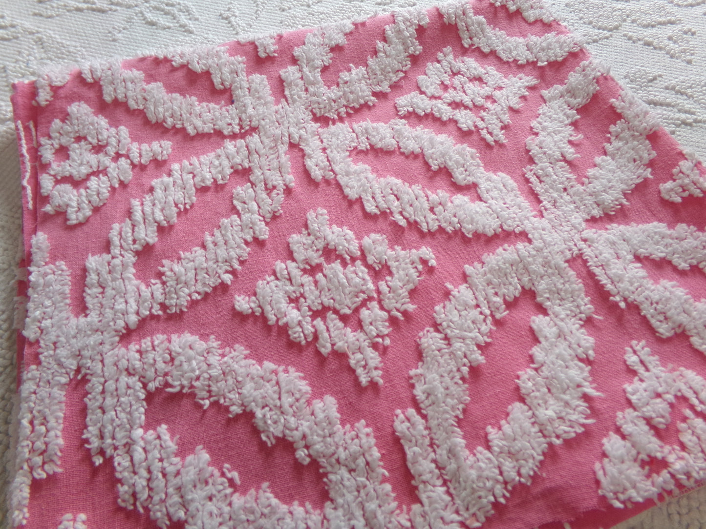 Vintage Chenille Fabric Rose Pink, tufted white geometric design, sewing craft quilt material, 20" x 24" piece