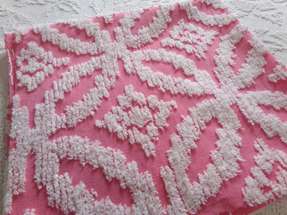 Vintage Chenille Fabric Rose Pink, tufted white geometric design, sewing craft quilt material, 20" x 24" piece