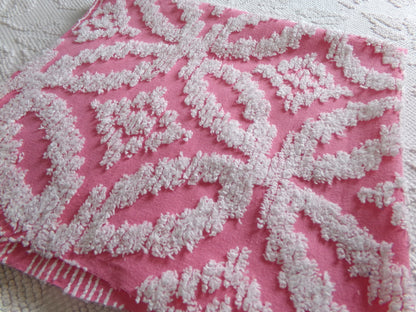Vintage Chenille Fabric Rose Pink, tufted white geometric design, sewing craft quilt material, 20" x 24" piece
