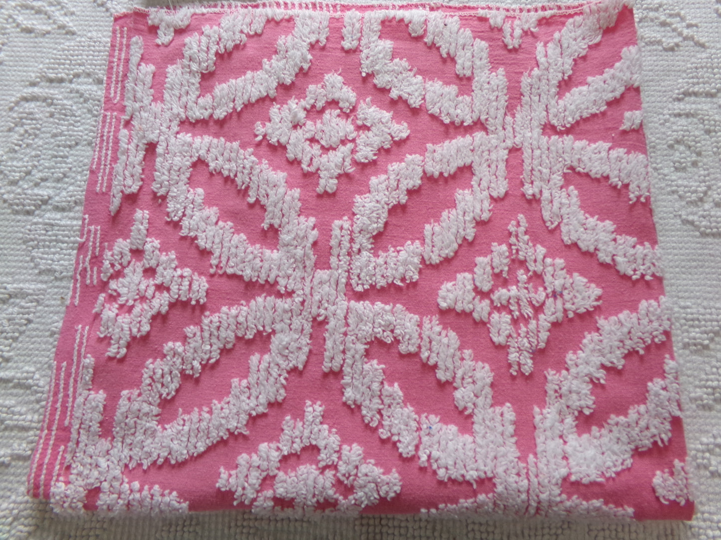 Vintage Chenille Fabric Rose Pink, tufted white geometric design, sewing craft quilt material, 20" x 24" piece