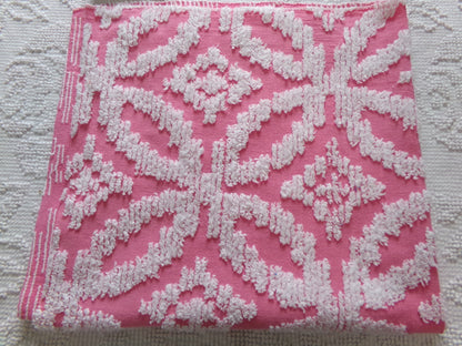 Vintage Chenille Fabric Rose Pink, tufted white geometric design, sewing craft quilt material, 20" x 24" piece