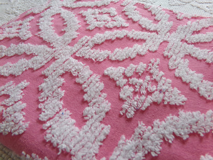 Vintage Chenille Fabric Rose Pink, tufted white geometric design, sewing craft quilt material, 20" x 24" piece