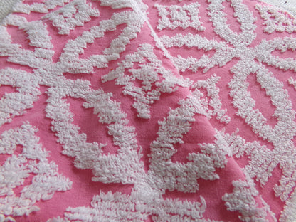 Vintage Chenille Fabric Rose Pink, tufted white geometric design, sewing craft quilt material, 20" x 24" piece