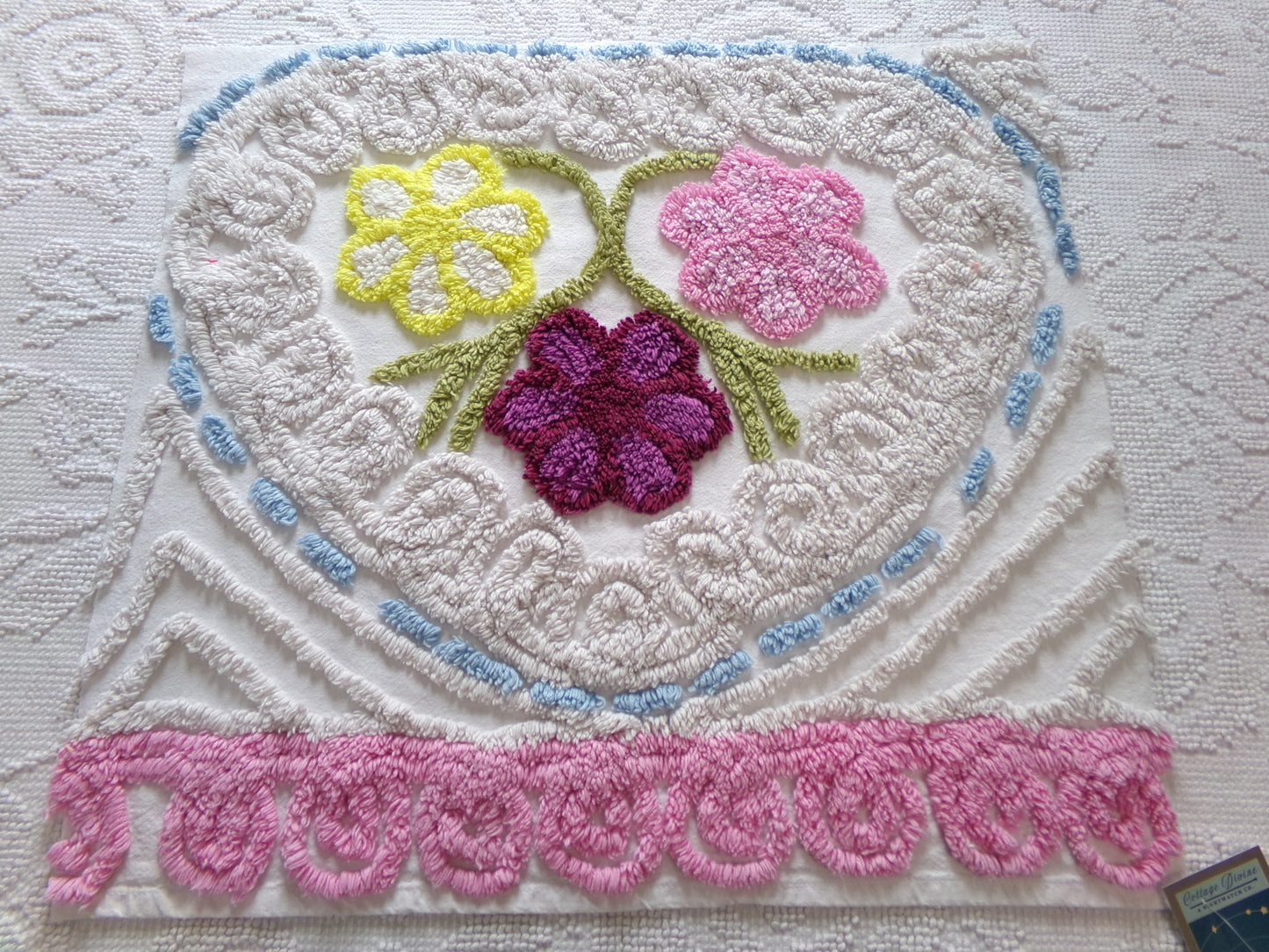 Vintage Chenille Bedspread Fabric Piece, colorful flowers on beige, sewing material 20" x 24"