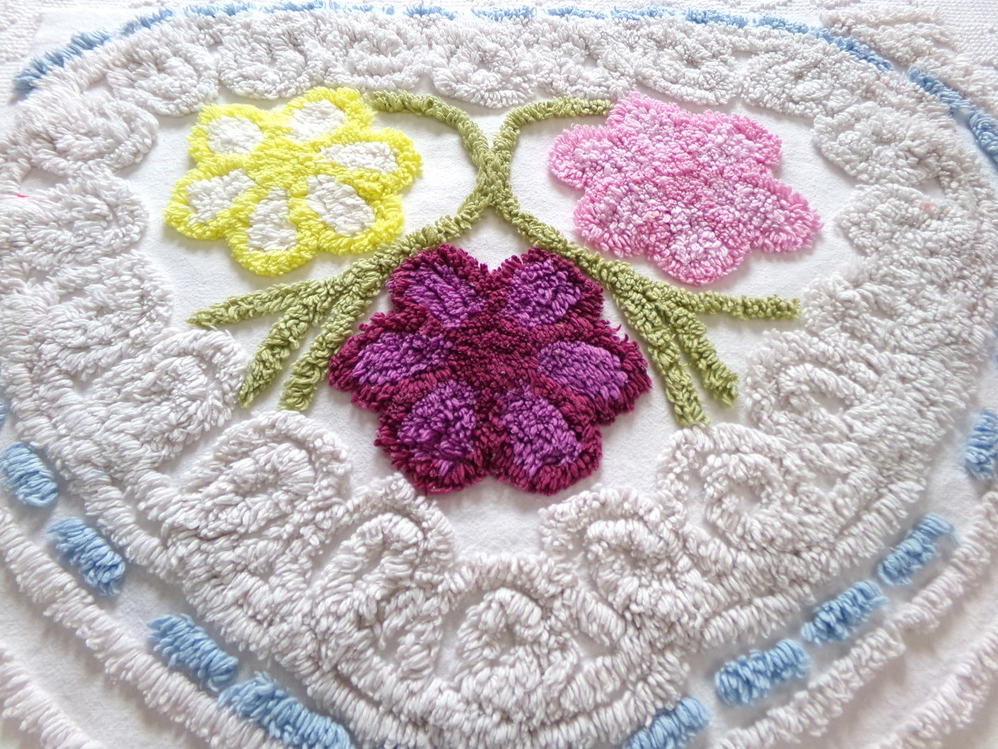 Vintage Chenille Bedspread Fabric Piece, colorful flowers on beige, sewing material 20" x 24"