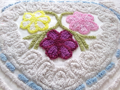 Vintage Chenille Bedspread Fabric Piece, colorful flowers on beige, sewing material 20" x 24"