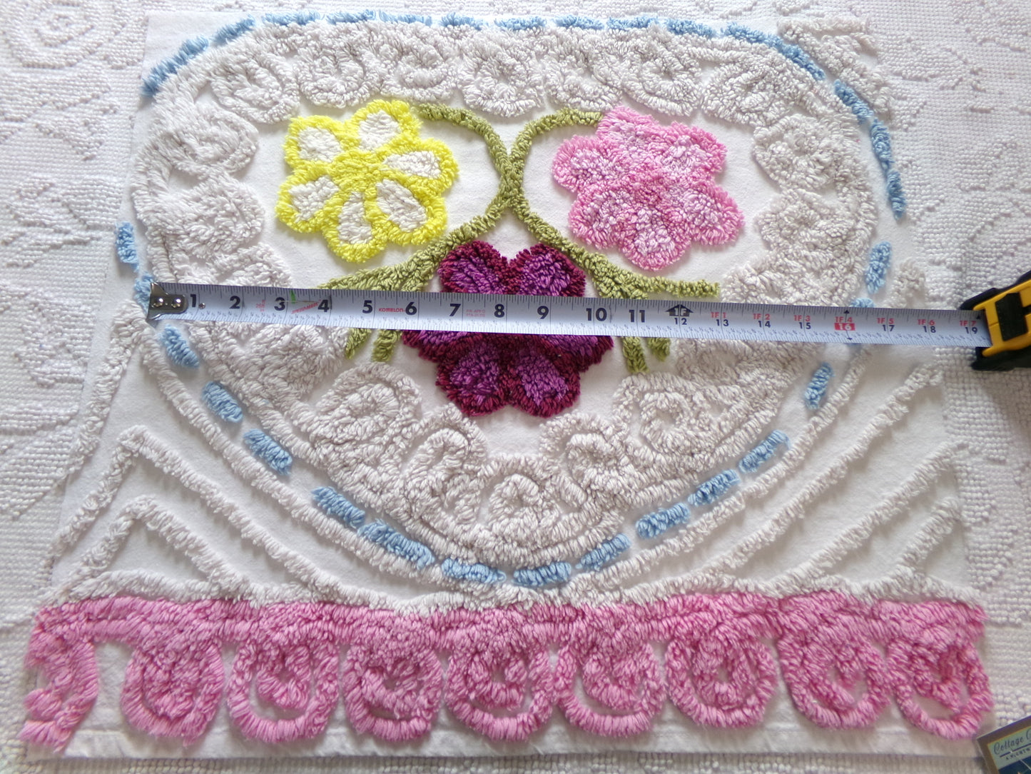 Vintage Chenille Bedspread Fabric Piece, colorful flowers on beige, sewing material 20" x 24"