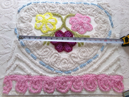 Vintage Chenille Bedspread Fabric Piece, colorful flowers on beige, sewing material 20" x 24"