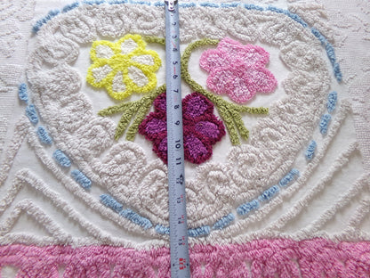 Vintage Chenille Bedspread Fabric Piece, colorful flowers on beige, sewing material 20" x 24"