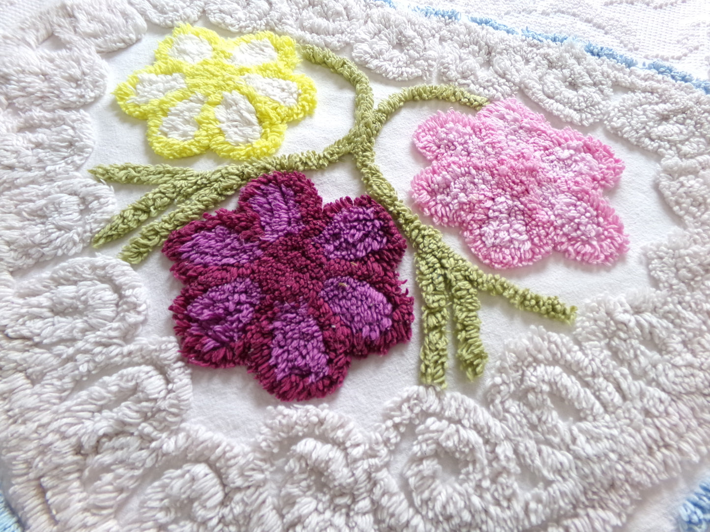 Vintage Chenille Bedspread Fabric Piece, colorful flowers on beige, sewing material 20" x 24"