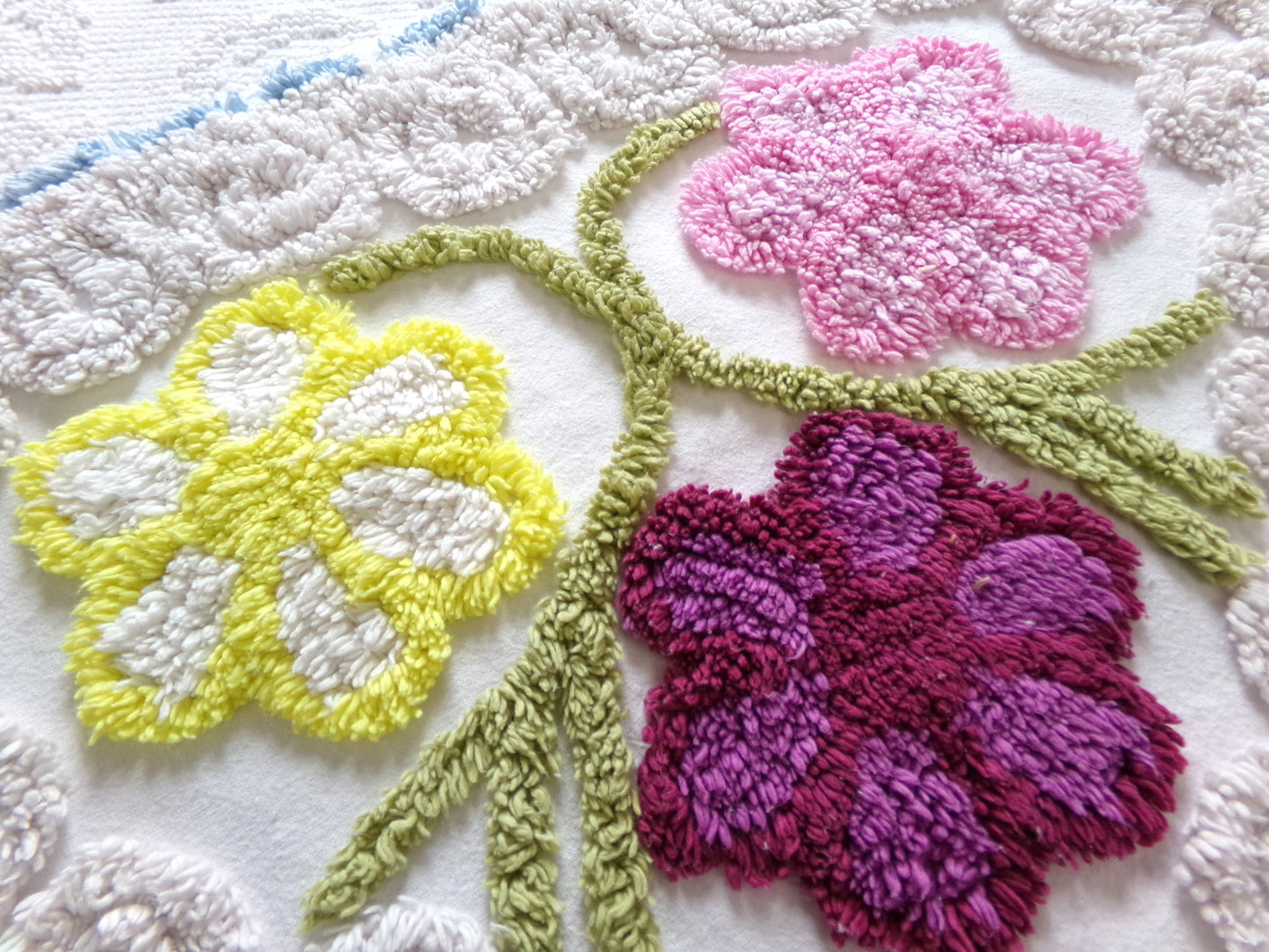 Vintage Chenille Bedspread Fabric Piece, colorful flowers on beige, sewing material 20" x 24"