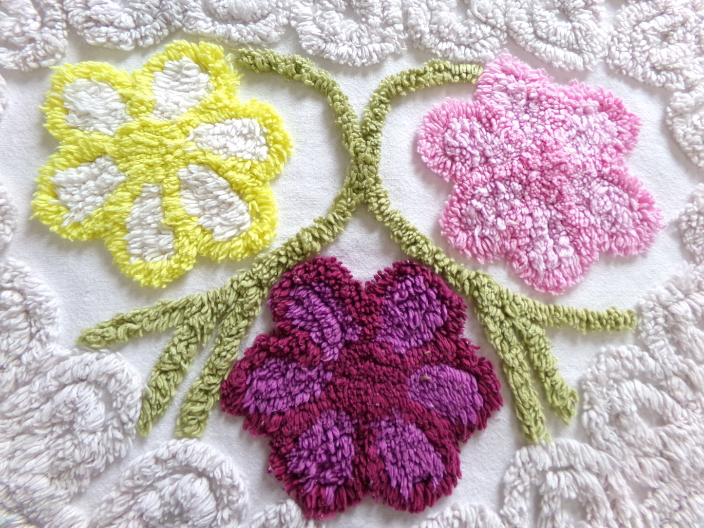 Vintage Chenille Bedspread Fabric Piece, colorful flowers on beige, sewing material 20" x 24"