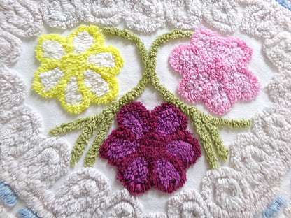 Vintage Chenille Bedspread Fabric Piece, colorful flowers on beige, sewing material 20" x 24"