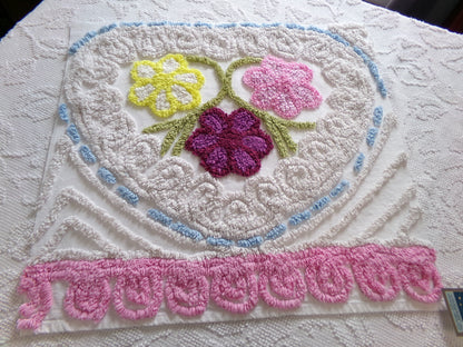 Vintage Chenille Bedspread Fabric Piece, colorful flowers on beige, sewing material 20" x 24"