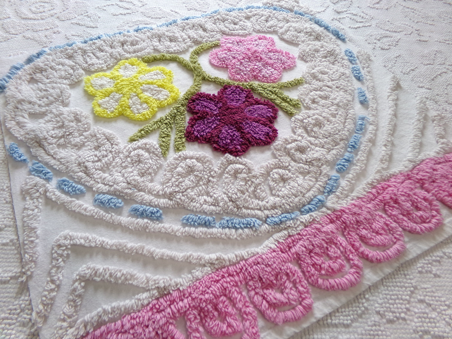 Vintage Chenille Bedspread Fabric Piece, colorful flowers on beige, sewing material 20" x 24"