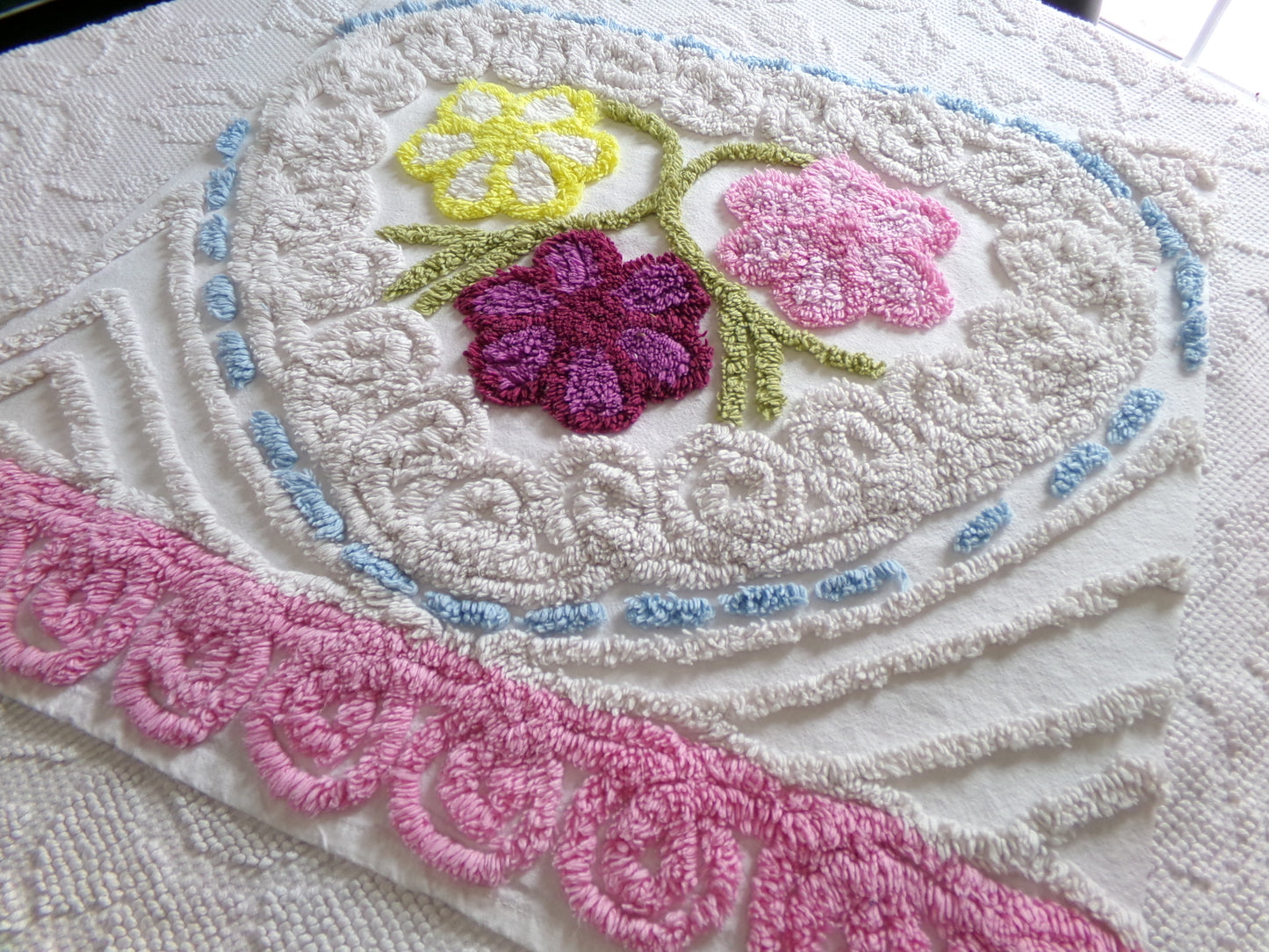 Vintage Chenille Bedspread Fabric Piece, colorful flowers on beige, sewing material 20" x 24"