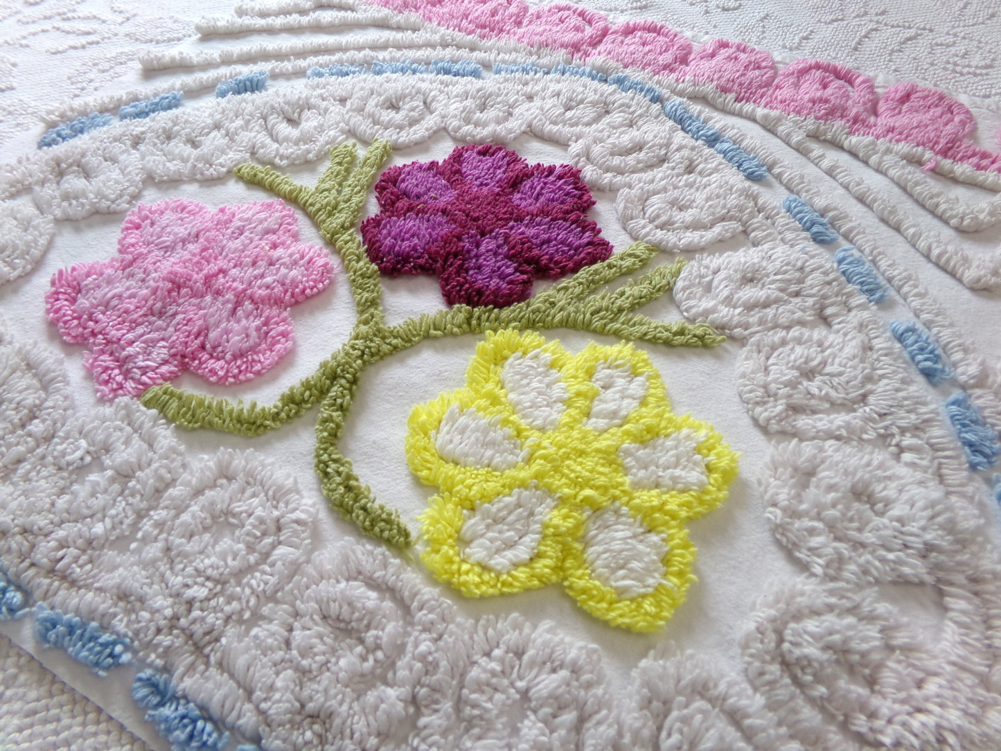 Vintage Chenille Bedspread Fabric Piece, colorful flowers on beige, sewing material 20" x 24"
