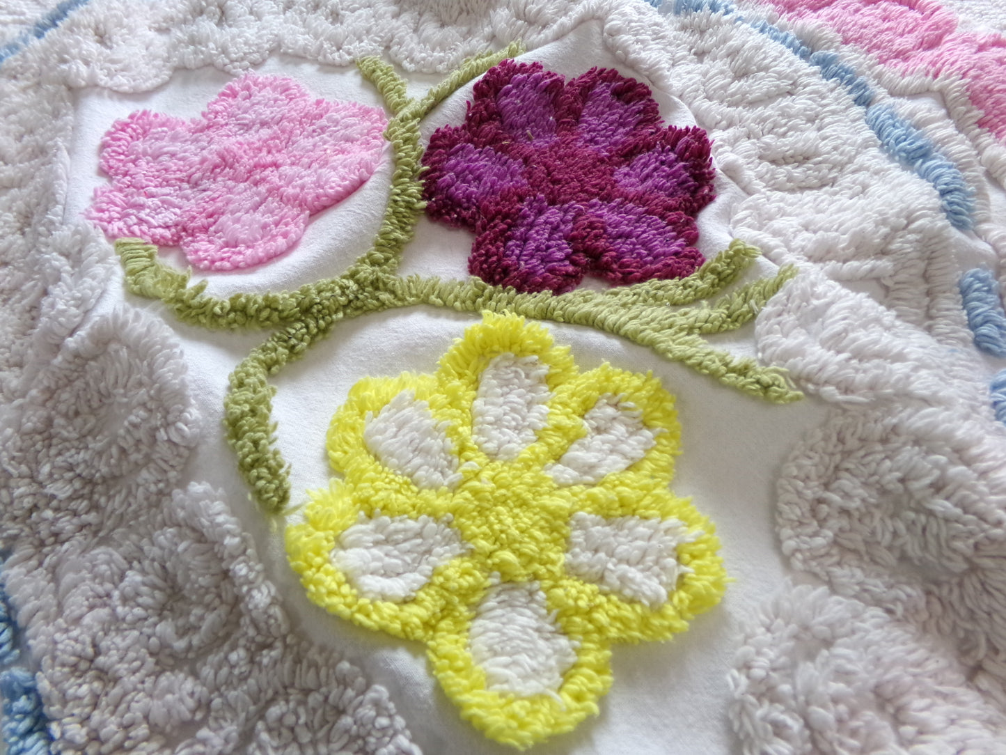 Vintage Chenille Bedspread Fabric Piece, colorful flowers on beige, sewing material 20" x 24"