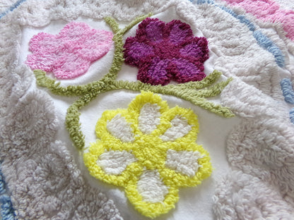 Vintage Chenille Bedspread Fabric Piece, colorful flowers on beige, sewing material 20" x 24"