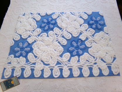 Blueberry Blue Vintage Chenille Bedspread Fabric, Plush Floral, 17" x 24" piece