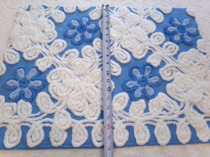 Blueberry Blue Vintage Chenille Bedspread Fabric, Plush Floral, 17" x 24" piece